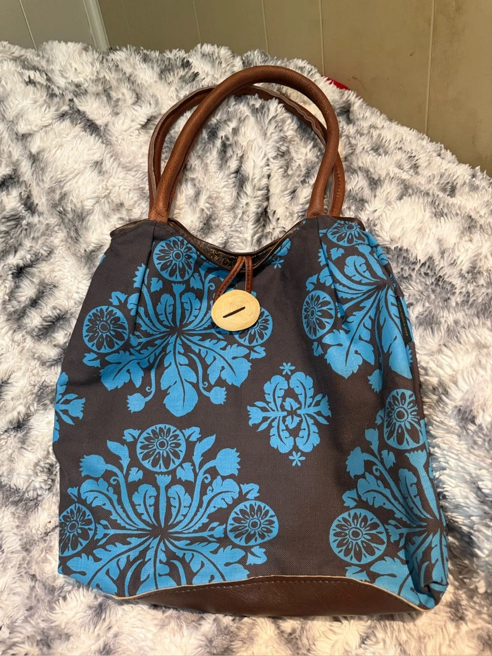 Mongoose Brown & Blue Floral Tote Bag Purse